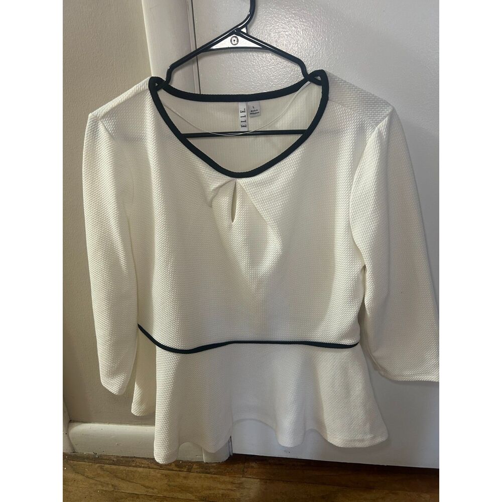 ELLE White Textured Peplum Top Black Trim Keyhole Neck 3/4 Sleeve Size Size L